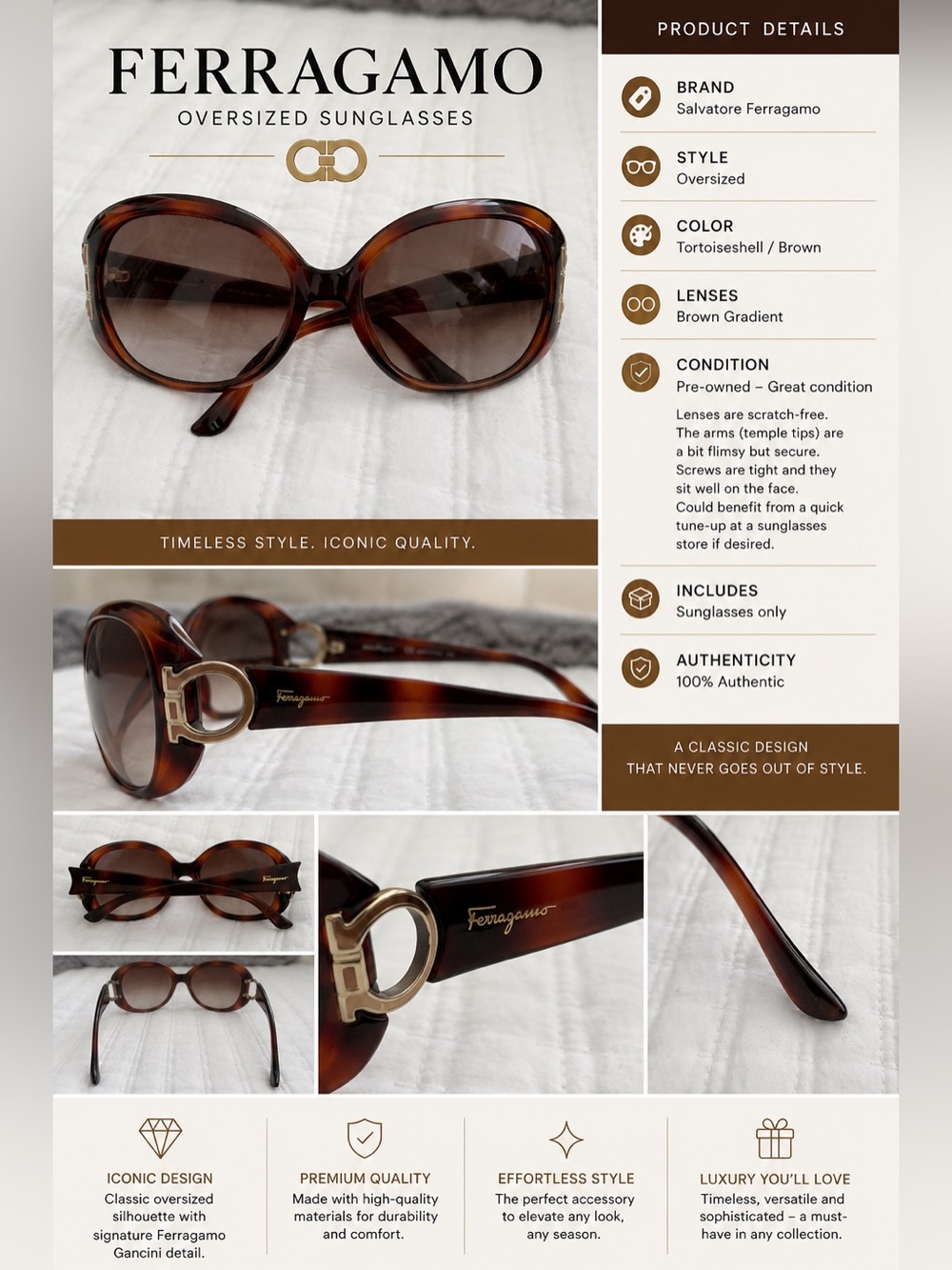 Salvatore Ferragamo Tortoiseshell Brown Oversized Sunglasses with Gold Accent